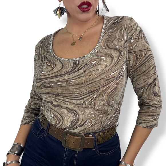 90's tan trippy swirl camo cotton blend scoop neck semi sheer blouse by FRESH - Picture 6 of 16